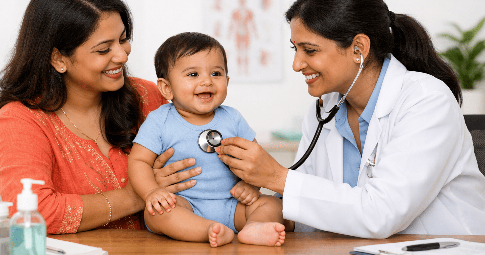 Happy mother and child with pediatrician